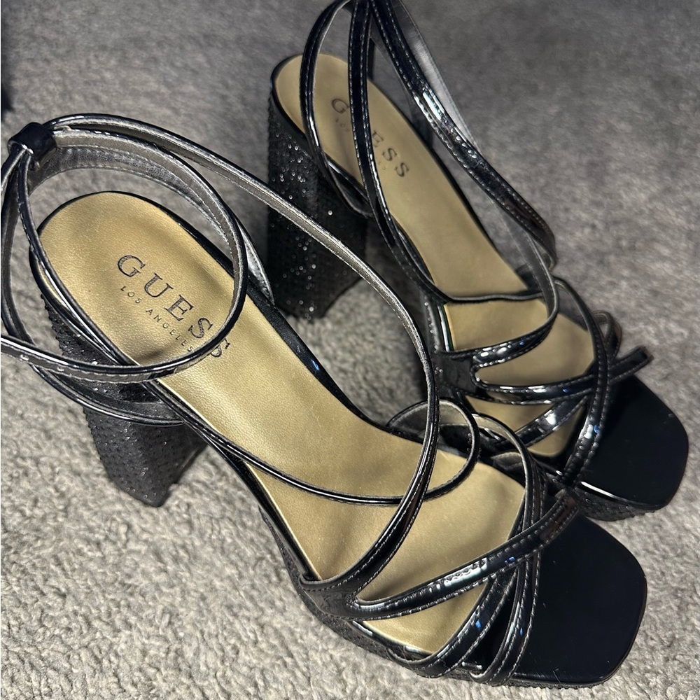Guess Glossy Black Strappy Heels